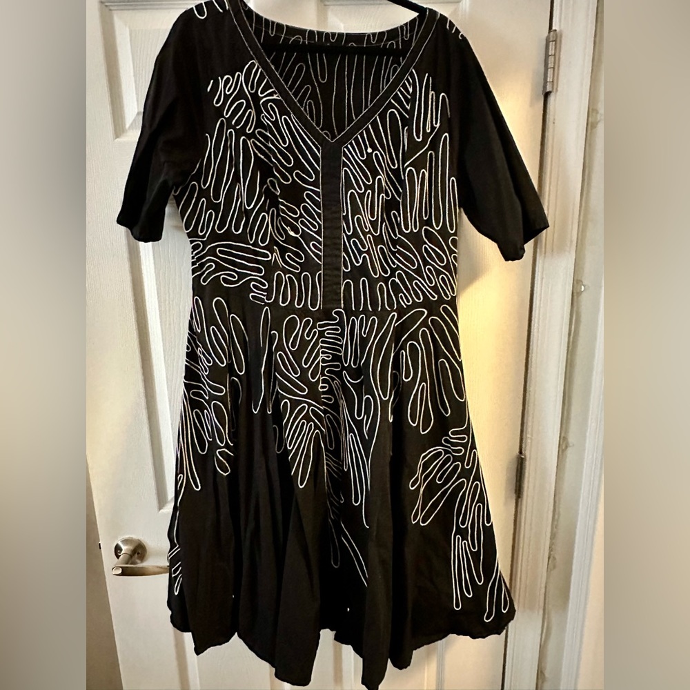 eShakti Black Dress with fun white embroidery throughout - full skirt - 2X 22W